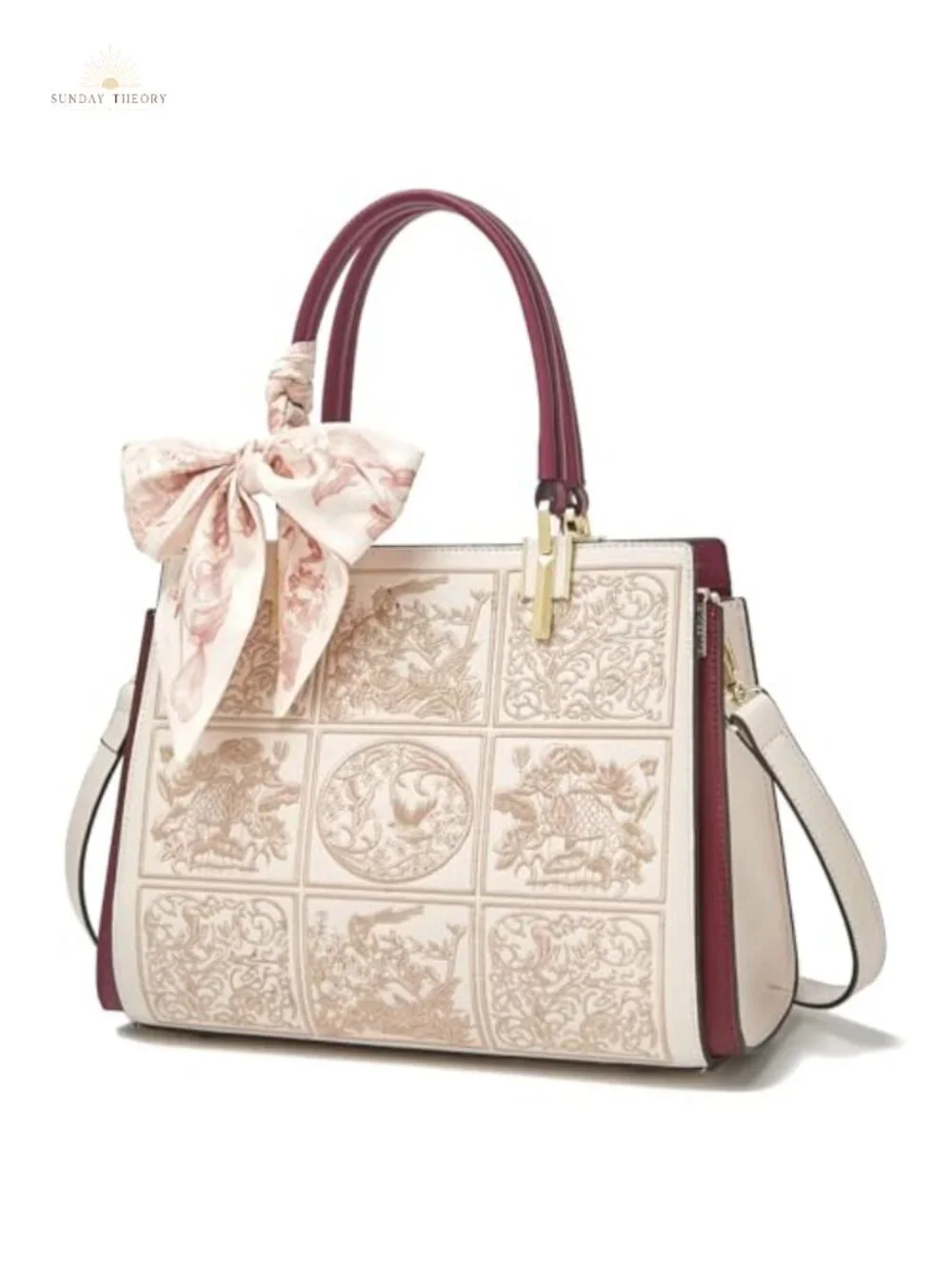 Vintage Embroidery Leather Tote Bag Women Top-Handle Satchel Crossbody